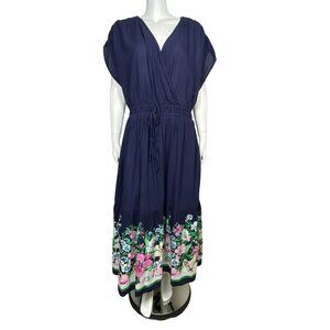 Lane Bryant Shirred Shoulder Maxi Dress Size 20 Blue Elastic Waist Pockets